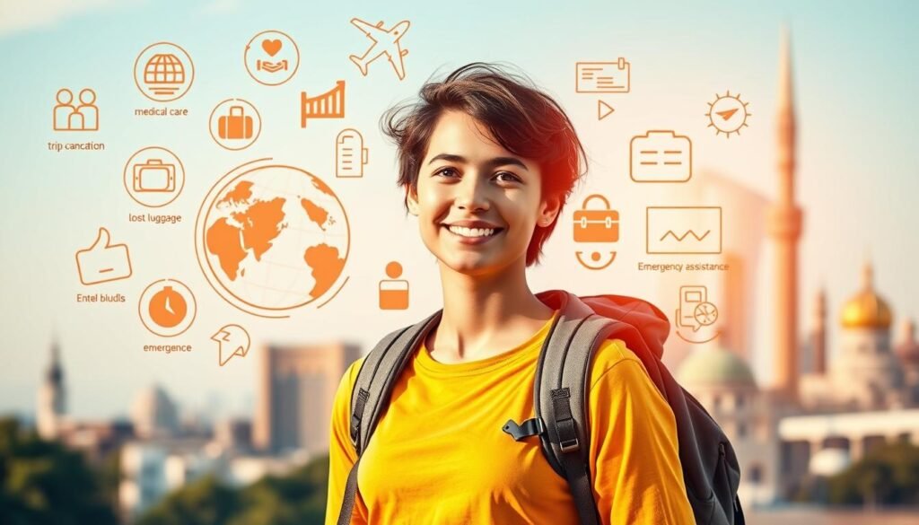 A vibrant and informative illustration of student travel insurance. In the foreground, a backpacking student stands confidently, their face filled with determination. They are surrounded by a collage of icons and symbols representing the essential coverage of a comprehensive student travel policy - medical care, trip cancellation, lost luggage, and emergency assistance. In the middle ground, a globe and aircraft evoke the international nature of study abroad programs. The background features a soft, blurred cityscape with landmarks suggesting a cosmopolitan destination, conveying the excitement and adventure of overseas education. Warm, natural lighting creates a reassuring atmosphere, underscoring the importance of proper insurance for carefree exploration.