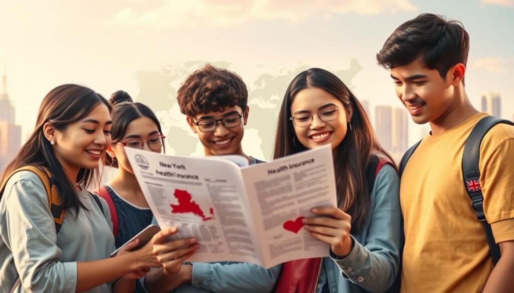 A vibrant and informative image of health insurance for international students in the USA. In the foreground, a young, diverse group of students examining a detailed insurance policy document, their expressions conveying understanding and relief. In the middle ground, a stylized representation of the United States, with a focus on the state of New York, symbolizing the geographical context. In the background, a softly blurred skyline of a modern city, hinting at the urban landscape where these students reside. The lighting is warm and inviting, creating a sense of security and confidence. The overall mood is one of clarity, protection, and a well-informed student population ready to navigate the complexities of healthcare in their new environment.