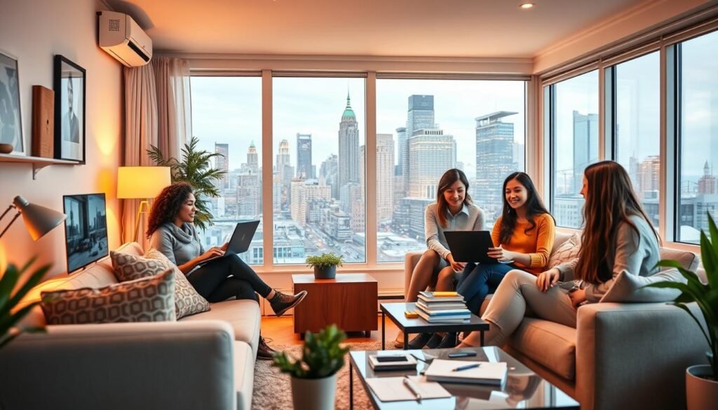 A vibrant and modern remote work scene in Canada, showcasing a diverse group of young professionals collaborating remotely from the comfort of their homes. The foreground features a cozy home office setup with ergonomic furniture, warm lighting, and minimalist decor. In the middle ground, digital devices and office supplies hint at the seamless integration of technology. The background depicts the bustling cityscape of a major Canadian metropolis, hinting at the opportunity and connectivity that remote work offers. The overall atmosphere conveys a sense of productivity, flexibility, and work-life balance, highlighting the appeal of remote jobs for recent graduates in Canada.