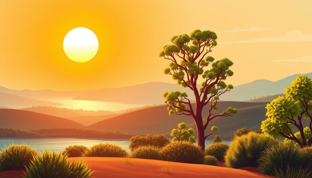 A vibrant and optimistic illustration of a secure financial future in Australia. In the foreground, a warm, glowing sun casts a gentle light over a serene, lush landscape. In the middle ground, a towering, healthy tree stands tall, its branches reaching towards the sky, symbolizing growth and prosperity. In the background, rolling hills and a tranquil lake create a picturesque, serene setting. The overall atmosphere conveys a sense of calm, stability, and a bright outlook for retirement planning in Australia.