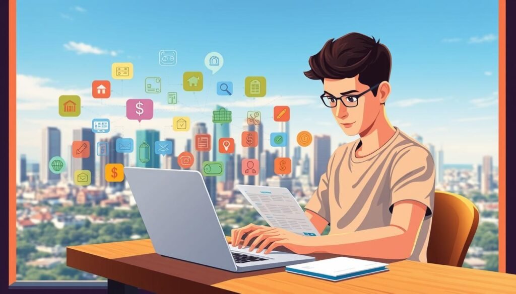 A vibrant and visually engaging illustration of a student's bank account. In the foreground, a young person sits at a wooden desk, intently reviewing their financial statements and account details on a sleek laptop. The middle ground features an array of colorful icons representing common banking services - savings, checking, loans, and more. In the background, a serene cityscape with modern high-rise buildings and a clear, blue sky creates a sense of urban sophistication. The lighting is warm and natural, conveying a mood of productivity, focus, and financial responsibility. The overall composition suggests the empowerment and confidence a student can gain from managing their finances effectively.