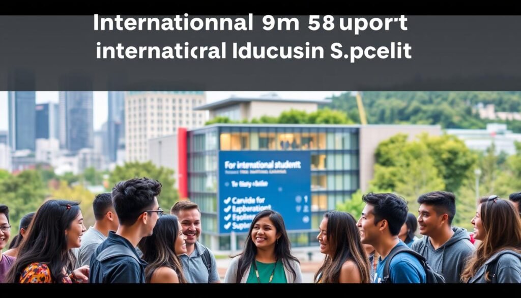 A vibrant and welcoming scene of international student support in Canada. In the foreground, a diverse group of students from various backgrounds are gathered, smiling and engaged in lively conversation. In the middle ground, a university campus building with modern architecture and a prominent sign showcasing support services for international students. The background features a cityscape with skyscrapers and lush greenery, conveying a sense of a thriving, multicultural urban environment. The lighting is warm and inviting, creating a sense of comfort and inclusivity. The overall atmosphere exudes a spirit of collaboration, support, and academic excellence for international students in Canada.