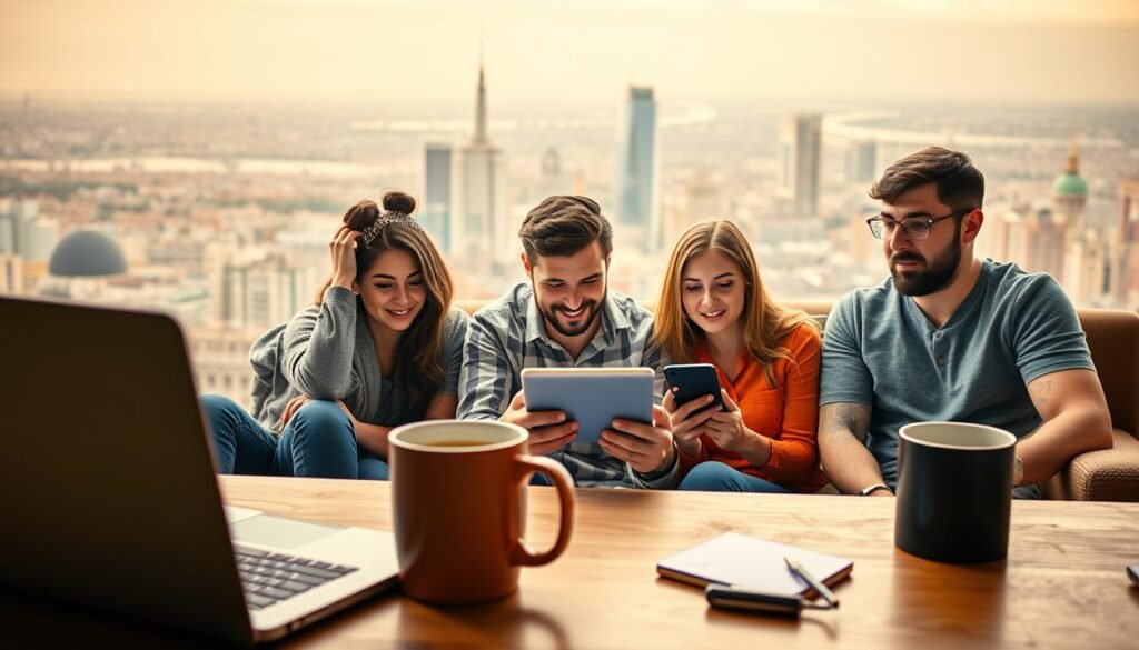 A vibrant array of remote work opportunities for young professionals in the UK, captured in a wide-ranging scene. In the foreground, a laptop, smartphone, and coffee mug suggest the tools of the modern remote workspace. In the middle ground, a diverse group of young adults collaborate virtually, their faces illuminated by the glow of their screens. The background features a panoramic view of a bustling city skyline, hinting at the global reach of remote work. The scene is bathed in warm, diffused lighting, creating a sense of productivity and opportunity. The overall composition conveys the energy, dynamism, and versatility of remote work in the UK for young professionals.