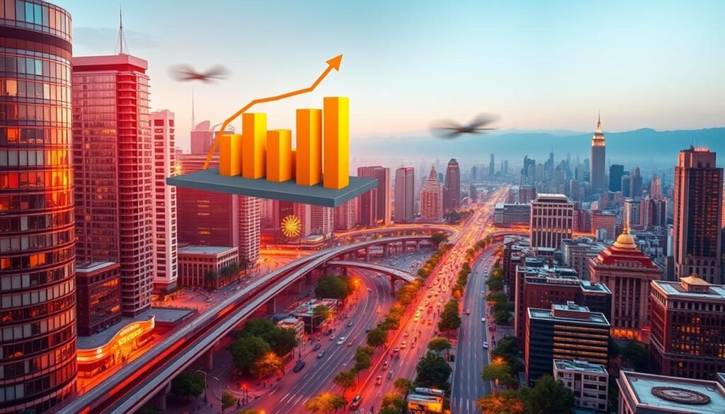A vibrant cityscape with skyscrapers, highways, and bustling streets, illuminated by warm, golden-hued lighting. In the foreground, a three-dimensional infographic depicts salary adjustments based on different locations, with dynamic bars and charts floating above the urban landscape. The middle ground showcases a diverse array of people, from business professionals to families, interacting within this complex economic ecosystem. In the background, a panoramic view of the city skyline, hinting at the varied cost-of-living factors that influence compensation levels across different regions.