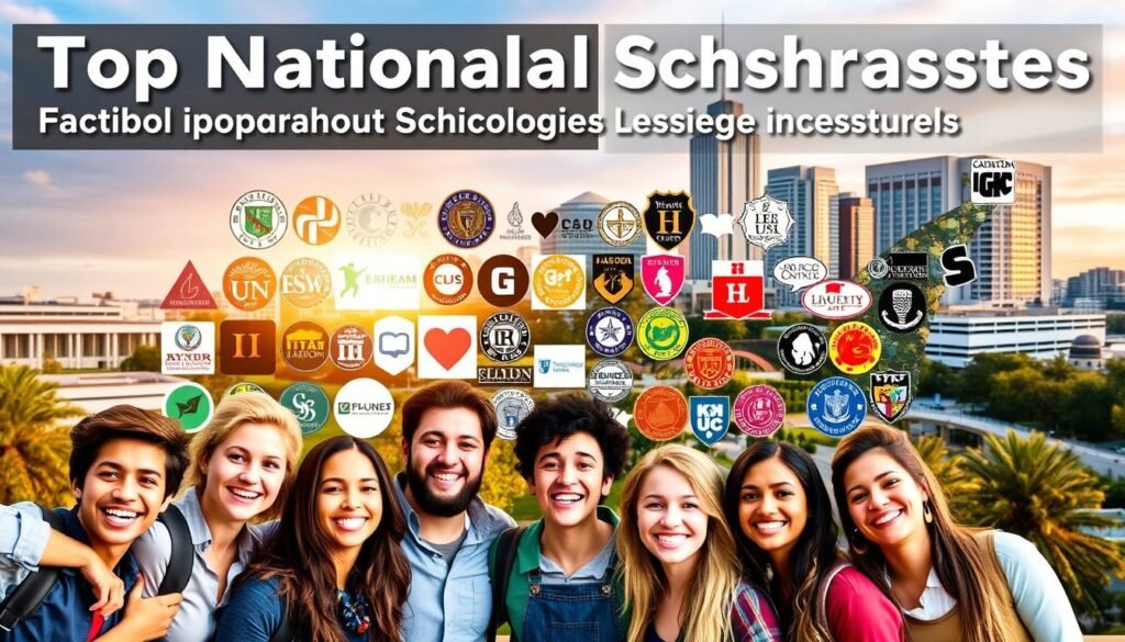 A vibrant collage showcasing the top national scholarship programs for graduate students in the United States. In the foreground, a group of diverse students celebrating their academic achievements, their faces beaming with pride. In the middle ground, a mosaic of scholarship logos and crests, each representing a prestigious program that provides funding and opportunities for advanced study. The background features a skyline of modern university buildings, with a warm, golden glow illuminating the scene, symbolizing the bright futures that these scholarships can unlock.