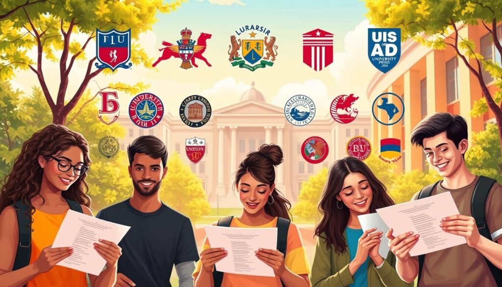 A vibrant, detailed illustration showcasing various merit-based scholarship opportunities for undergraduate students in the USA for the year 2026. The foreground features a group of diverse students examining scholarship award certificates and letters, their expressions conveying excitement and determination. The middle ground showcases various university logos and crests, representing the diverse institutions offering these coveted scholarships. The background depicts a warm, sun-drenched campus setting, with verdant trees, modern architecture, and a sense of academic prestige. The lighting is soft and natural, creating a welcoming, aspirational atmosphere. The overall composition captures the essence of the "Universities to target and what they offer in 2026" section, inspiring students to explore and pursue these valuable merit-based scholarship opportunities.