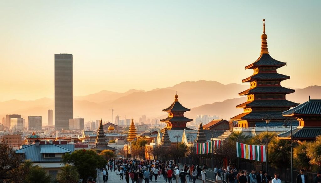 A vibrant global skyline fills the frame, showcasing the diverse architectural styles and cultures of international cities. In the foreground, a modern high-rise tower stands alongside an ancient temple, reflecting the blend of old and new. The middle ground features a bustling city street, with people of various nationalities navigating the lively scene. In the background, rolling hills and distant mountains create a serene, tranquil backdrop, hinting at the natural wonders beyond the urban landscape. The lighting is warm and golden, casting a inviting glow over the entire composition. Shot with a wide-angle lens, the image captures a sense of expansiveness and interconnectedness, conveying the essence of international investment opportunities. A vibrant global skyline fills the frame, showcasing the diverse architectural styles and cultures of international cities. In the foreground, a modern high-rise tower stands alongside an ancient temple, reflecting the blend of old and new. The middle ground features a bustling city street, with people of various nationalities navigating the lively scene. In the background, rolling hills and distant mountains create a serene, tranquil backdrop, hinting at the natural wonders beyond the urban landscape. The lighting is warm and golden, casting a inviting glow over the entire composition. Shot with a wide-angle lens, the image captures a sense of expansiveness and interconnectedness, conveying the essence of international investment opportunities.