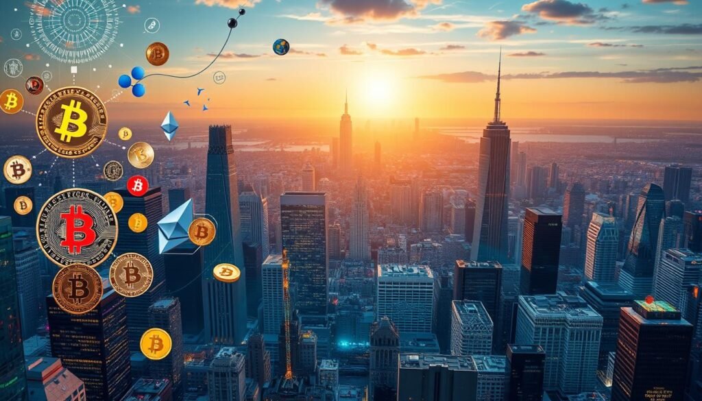 A vibrant, high-resolution image of the current cryptocurrency market landscape. In the foreground, a diverse array of digital coins and tokens - Bitcoin, Ethereum, Litecoin, Ripple, and others - float against a backdrop of floating holograms, data visualizations, and glowing circuit patterns. The middle ground features a cityscape of futuristic skyscrapers and towers, their windows reflecting the neon glow of the crypto assets. The background is a panoramic view of a sprawling metropolis, bathed in the warm, golden light of the setting sun, conveying a sense of growth, innovation, and opportunity in the American crypto market.