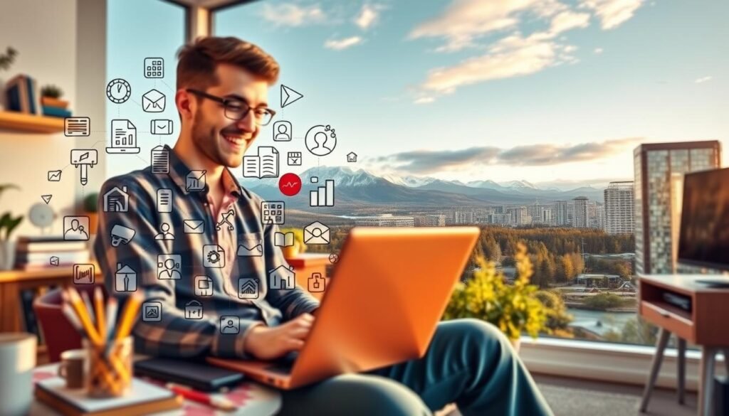 A vibrant, high-resolution image showcasing the diversity of remote jobs available in Canada. In the foreground, a young professional working remotely on a laptop, surrounded by various office supplies and a cozy home office setup. In the middle ground, a collage of different remote job icons and symbols, representing the wide range of opportunities, from software development to customer service. In the background, a panoramic view of the Canadian landscape, with snow-capped mountains, lush forests, and a modern city skyline, conveying the idea of flexibility and work-life balance. The image should be captured with a warm, inviting lighting and a shallow depth of field, creating a sense of focus and emphasis on the remote work experience.