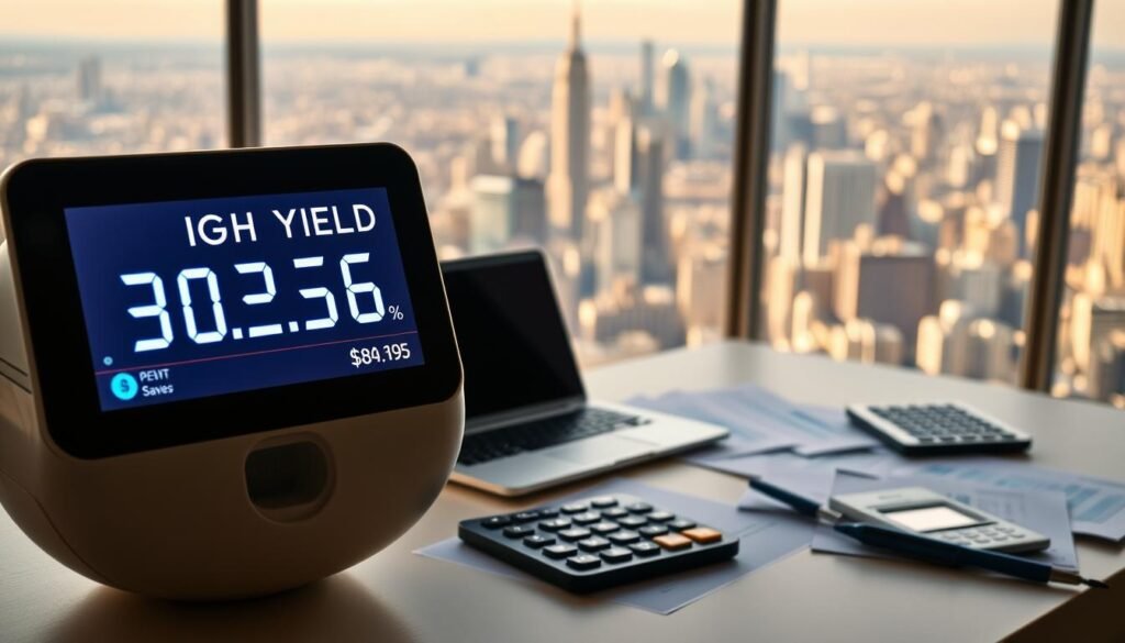 A vibrant, high-yield savings account appears in the foreground, its digital display showcasing an enticing interest rate. The middle ground features a clean, minimalist workspace with a laptop, calculator, and scattered financial documents, highlighting the pragmatic nature of saving. In the background, a panoramic view of a bustling city skyline sets the stage, conveying a sense of financial opportunity and growth. The lighting is soft and natural, casting a warm glow over the scene. The overall atmosphere evokes a feeling of financial security, stability, and the promise of a secure financial future.