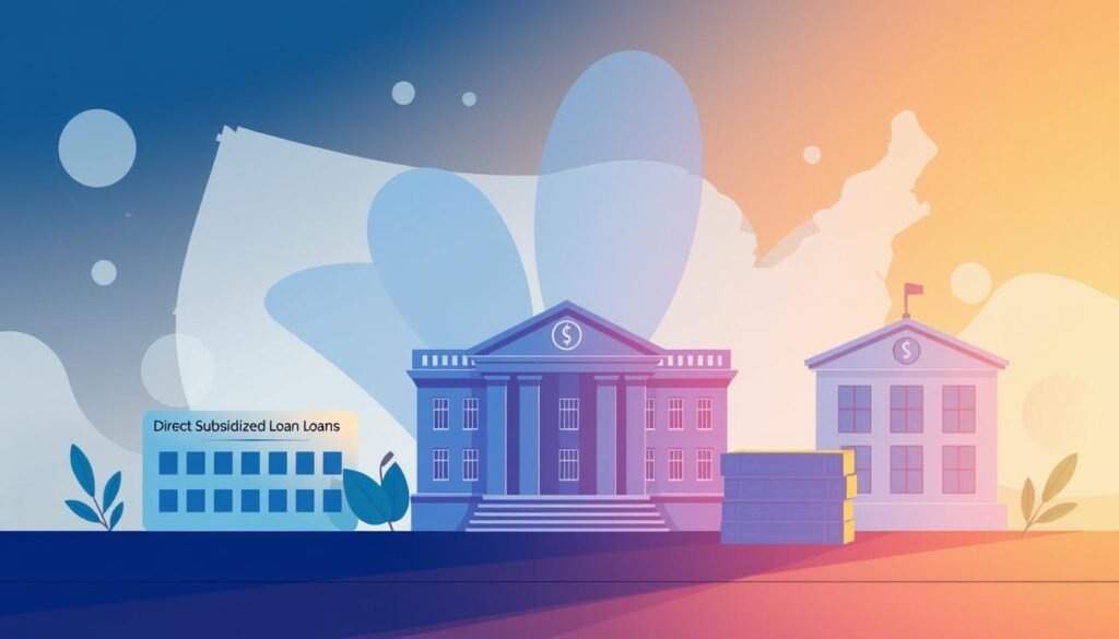 A vibrant illustration depicting the various types of federal student loans available in the United States. Showcased in the foreground are distinct loan options, such as Direct Subsidized Loans, Direct Unsubsidized Loans, and Direct PLUS Loans, each with its own unique icon or symbol. The middle ground features a dynamic, abstract background with overlapping shapes and lines, symbolizing the complex financial landscape. Subtle lighting casts a warm, approachable glow, creating a sense of accessibility and understanding. The overall composition conveys a clear, informative, and visually engaging representation of the different federal student loan options, tailored to the needs of the article's target audience.