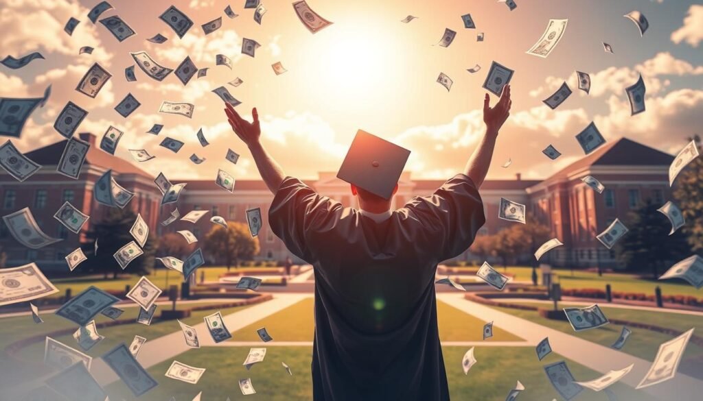 A vibrant illustration of student loan forgiveness, captured in a dynamic, cinematic style. In the foreground, a graduate in a cap and gown stands triumphantly, hands raised in celebration, surrounded by a swirling array of dollar bills and debt documents being swept away by a gentle breeze. In the middle ground, a sunlit university campus serves as the backdrop, with stately buildings and manicured lawns. The sky above is filled with a warm, golden glow, conveying a sense of hope and new beginnings. The overall scene exudes a mood of relief, empowerment, and a brighter future, perfectly encapsulating the essence of the "Start here: Your quickest paths to student loan forgiveness and relief" section.