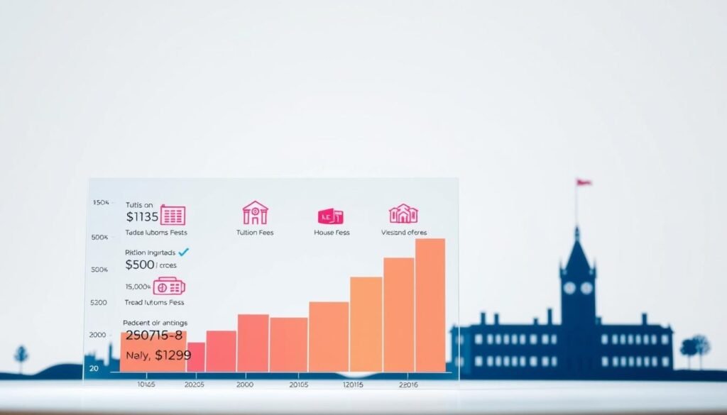 A vibrant infographic showcasing the various factors that contribute to the cost of attending an MBA program in the USA. In the foreground, a clear graph or chart displays the breakdown of tuition, fees, housing, and other expenses. The middle ground features detailed icons or illustrations representing each cost component. In the background, a subtle silhouette of a university campus or skyline sets the scene. The overall composition is clean, minimalistic, and data-driven, with a color palette that is both informative and visually appealing. Lighting is soft and evenly distributed, creating a sense of balance and clarity. The angle is slightly elevated, providing an unobstructed view of the infographic elements.