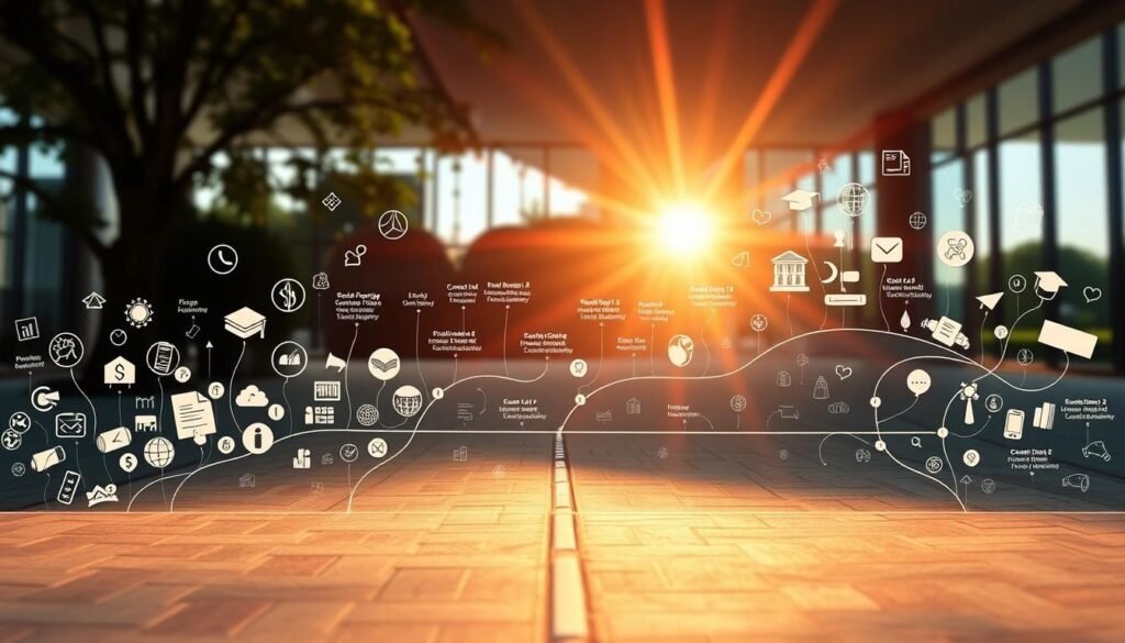 A vibrant, intricate roadmap unfolds against a backdrop of academic excellence. In the foreground, an array of icons and symbols symbolize the diverse paths to funding - scholarships, grants, fellowships, and more. The middle ground showcases a fluid timeline, guiding the viewer through the key stages of the undergraduate journey, from application to graduation. Sunlight filters through the scene, creating a warm, inspirational atmosphere, while a sense of direction and purpose permeates the image. Subtle textures and a refined color palette lend an air of sophistication, inviting the viewer to explore the roadmap to their educational dreams.