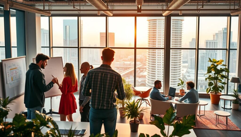 A vibrant, modern office space with an innovative culture. The foreground features a diverse team of young professionals collaborating at an open-concept workspace, using cutting-edge technology and whiteboards to ideate. The middle ground showcases an activity-based work environment with informal seating areas, a maker's space, and a wellness corner. The background depicts large windows overlooking a dynamic cityscape, bathed in warm, natural lighting that creates an atmosphere of creativity and productivity. The overall scene evokes a sense of energy, synergy, and a forward-thinking mindset - the perfect illustration of a thriving workplace built on innovation, collaboration, and employee well-being.