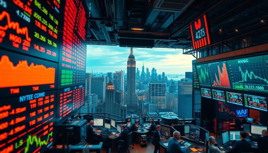 A vibrant stock market overview, capturing the pulsing energy of the U.S. financial landscape. In the foreground, a dynamic display of stock tickers and financial data charts, illuminated by warm, directional lighting. The middle ground features a bustling trading floor, with traders gesticulating and screens flashing critical information. In the background, a panoramic view of a modern cityscape, skyscrapers piercing the sky, symbolizing the towering influence of the market. The overall mood is one of anticipation, opportunity, and the potential for growth, reflecting the benefits and risks of investing in the U.S. market.