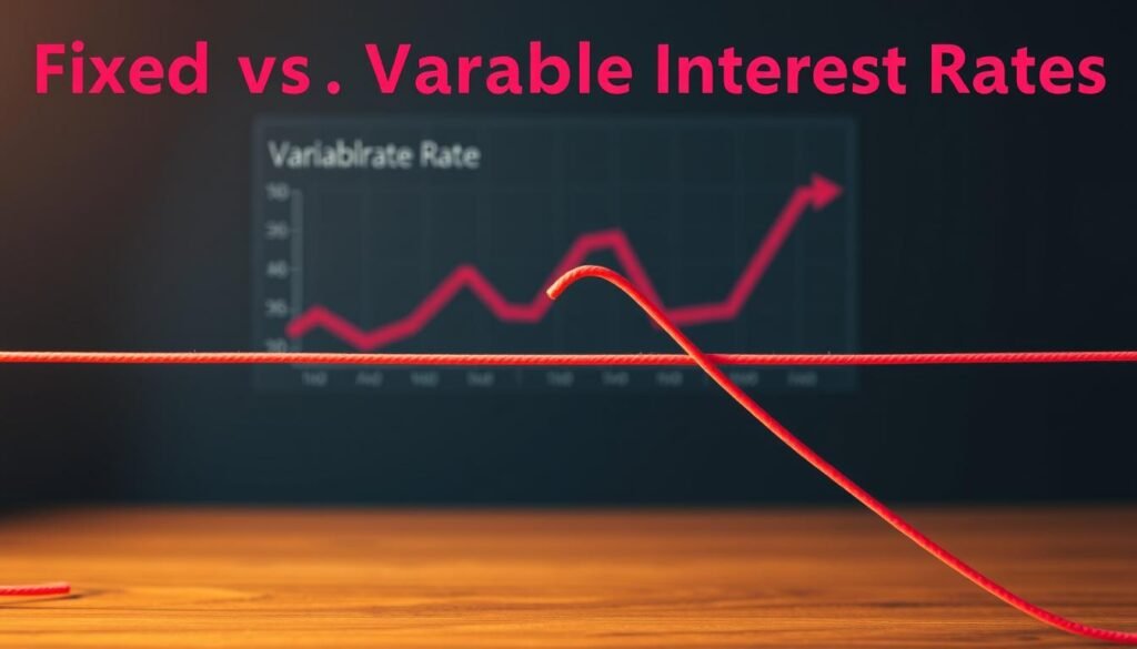 A vibrant, visually striking illustration depicting the contrast between fixed and variable interest rates. In the foreground, two lines - one solid, one dashed - representing the fixed and variable rates, respectively, intersecting and diverging to symbolize the different trajectories. In the middle ground, a graph or chart visualizing the historical fluctuations of the variable rate against the stability of the fixed rate. The background should convey a sense of financial security and predictability, with subtle patterns or textures evoking the world of personal finance. Warm lighting and a slightly muted color palette lend a sense of professionalism and authority to the scene. A vibrant, visually striking illustration depicting the contrast between fixed and variable interest rates. In the foreground, two lines - one solid, one dashed - representing the fixed and variable rates, respectively, intersecting and diverging to symbolize the different trajectories. In the middle ground, a graph or chart visualizing the historical fluctuations of the variable rate against the stability of the fixed rate. The background should convey a sense of financial security and predictability, with subtle patterns or textures evoking the world of personal finance. Warm lighting and a slightly muted color palette lend a sense of professionalism and authority to the scene.