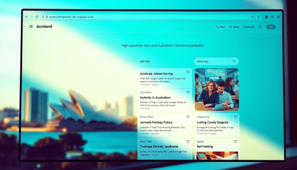 A vibrant web browser window showcasing a curated selection of high-quality job listings in Australia, tailored for international graduates. The foreground features a sleek, modern interface with clean typography and intuitive navigation, highlighting relevant job postings, company details, and application options. The middle ground depicts a warm, welcoming atmosphere with a backdrop of the iconic Sydney skyline, conveying the exciting opportunities available for global talent. The lighting is soft, natural, and inviting, creating a sense of optimism and opportunity. The overall composition reflects the section title, "career opportunities Australia international graduates: your go‑to resources and job search playbook", inspiring exploration and discovery.