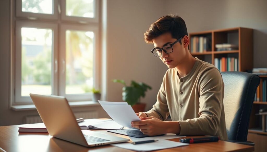 A vibrant, well-lit scene of a student sitting at a desk, poring over scholarship application forms and documents. A laptop, notepad, and various stationery items are neatly arranged on the desk, creating a focused, hardworking atmosphere. In the background, a bookshelf and a window overlooking a lush, green campus landscape. Warm, golden lighting filters through the window, casting a gentle glow on the student's face, reflecting their determination and sense of purpose. The overall mood is one of diligence, optimism, and the promise of unlocking financial support for their undergraduate studies.
