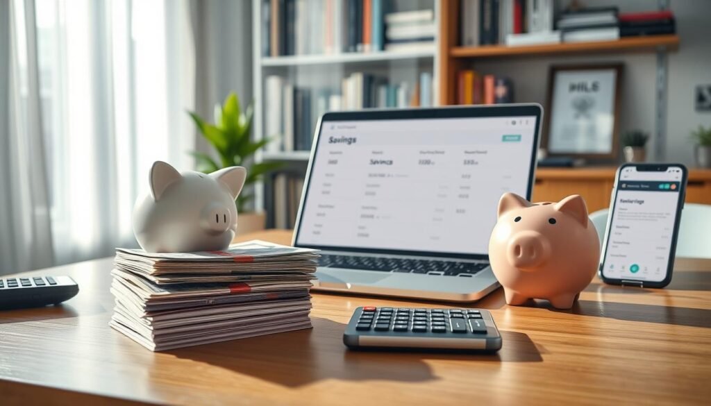A vibrant, well-lit scene of a student's bank account and savings account on a sleek, modern desktop. In the foreground, a stack of bills, a piggy bank, and a calculator sit atop a wooden desk, casting soft shadows. The middle ground features an open laptop displaying account balances and transaction history, with a smartphone nearby displaying mobile banking app. In the background, a bookshelf filled with financial guides and a framed certificate or diploma hint at the student's pursuit of financial literacy. The overall mood is one of organization, growth, and a sense of security in one's financial future.