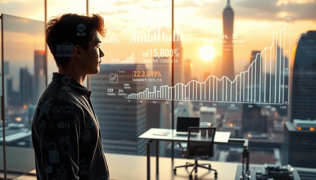 A vision of the financial future unfolds before the viewer. In the foreground, a young adult stands confidently, gazing into a shimmering holographic display that projects intricate financial data and projections. The middle ground features a sleek, minimalist office space, adorned with stylized graphs and charts that visualize the growth and potential of investment portfolios. In the background, a cityscape of towering skyscrapers and gleaming infrastructure suggest the prosperity and technological advancement that can be achieved through prudent financial planning and decision-making. The scene is bathed in a warm, futuristic glow, conveying a sense of optimism and empowerment for the UK student seeking to shape their financial destiny.