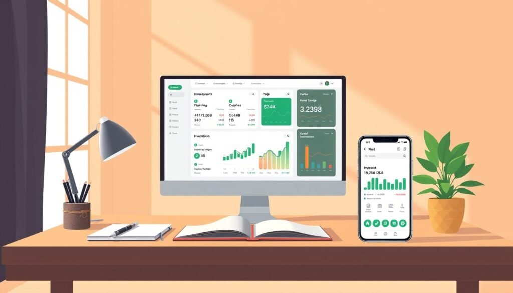 A warm, inviting illustration of a financial account, with a clean, modern interface. In the foreground, a sleek desktop computer or mobile device displays a neatly organized dashboard, showcasing various investment options and account details. The middle ground features a minimalist desk setup, including a stylish notebook, a pen, and a potted plant, creating a sense of professionalism and organization. The background is bathed in soft, natural light, giving the scene a calming, optimistic atmosphere. The overall composition conveys a sense of control, clarity, and confidence in personal finance management.