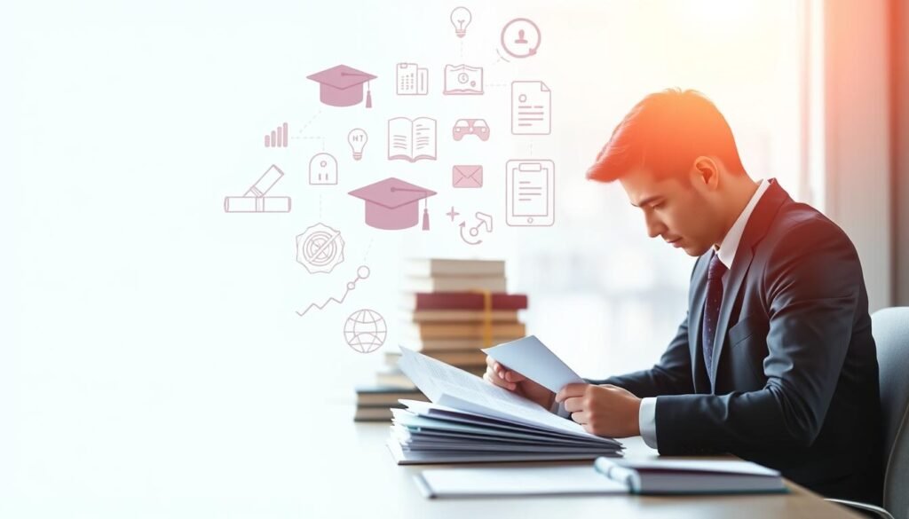 A well-defined scholarship profile in a clean, modern style. In the foreground, a smartly dressed person sits at a desk, studying documents and forms intently. The middle ground features an array of academic icons, such as a mortar board, diploma, and books, conveying the academic focus. The background is a soft, blurred gradient in shades of blue, evoking a sense of tranquility and intellectual pursuit. Bright, natural lighting casts a warm glow, creating a professional, aspirational atmosphere. The overall composition is balanced and visually appealing, highlighting the importance of crafting a compelling scholarship profile. A well-defined scholarship profile in a clean, modern style. In the foreground, a smartly dressed person sits at a desk, studying documents and forms intently. The middle ground features an array of academic icons, such as a mortar board, diploma, and books, conveying the academic focus. The background is a soft, blurred gradient in shades of blue, evoking a sense of tranquility and intellectual pursuit. Bright, natural lighting casts a warm glow, creating a professional, aspirational atmosphere. The overall composition is balanced and visually appealing, highlighting the importance of crafting a compelling scholarship profile.
