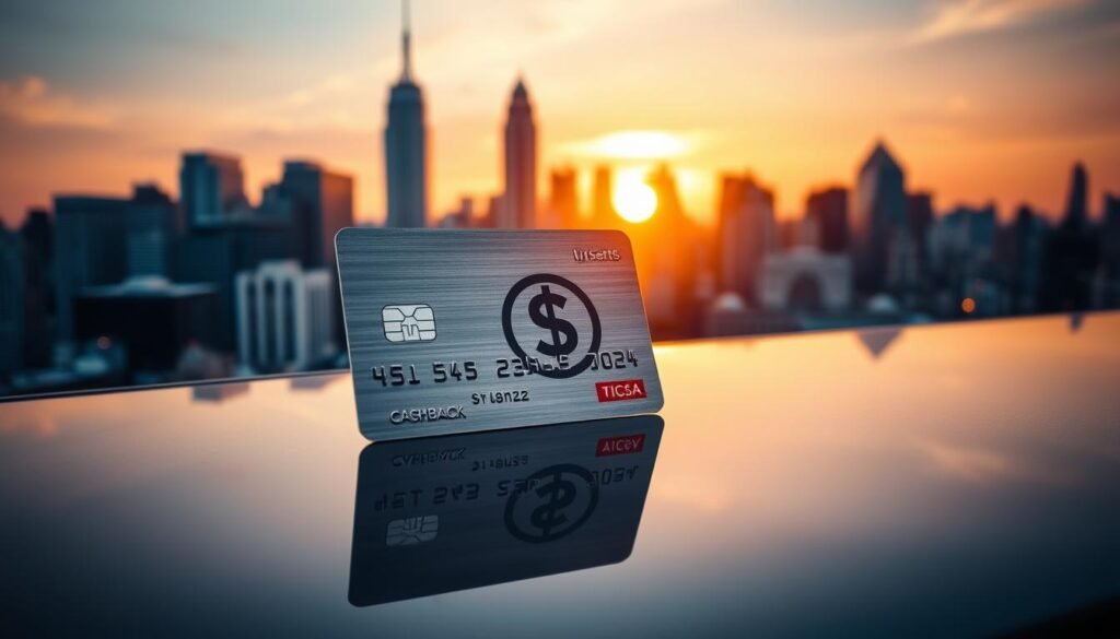 A well-designed credit card with a prominent cashback symbol in the center, set against a backdrop of a bustling city skyline at sunset. The card is positioned at a slight angle, casting a subtle reflection on a glossy surface. The cityscape features a mix of modern skyscrapers and historical landmarks, conveying a sense of the diverse and vibrant urban environment. The lighting is warm and atmospheric, creating a sense of sophistication and financial opportunity. The overall composition is balanced and visually appealing, drawing the viewer's attention to the key features of the credit card and its potential benefits for students in the USA.