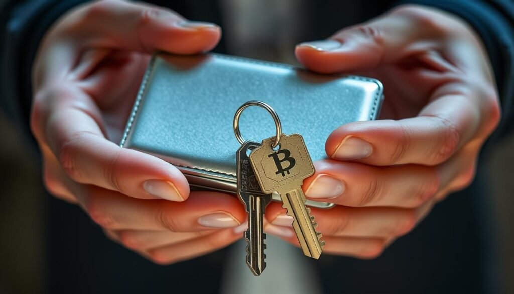 A well-lit, close-up shot of a pair of hands holding a metallic crypto wallet with a keyring dangling from it. The wallet's surface reflects the light, creating a sleek, minimalist look. The keys are distinct, with sharp details and a touch of warmth to convey their importance. The background is slightly blurred, allowing the wallet and keys to be the focal point, emphasizing their significance in the context of secure crypto asset storage.