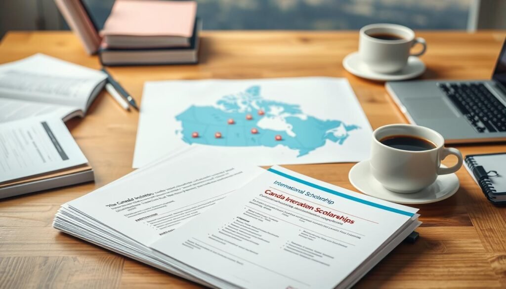 A well-lit, crisp, and vibrant image of a wooden desk with various study materials spread out, including books, a laptop, and a cup of coffee. In the foreground, a stack of international scholarship brochures and application forms are prominently displayed, highlighting the key eligibility criteria and requirements for Canadian international scholarships. The middle ground features a map of Canada with icons denoting different scholarship opportunities, while the background softly blurs into a subtle Canadian landscape, evoking a sense of global educational opportunities. The overall composition conveys a sense of focus, organization, and the necessary information for navigating the international scholarship process in Canada.