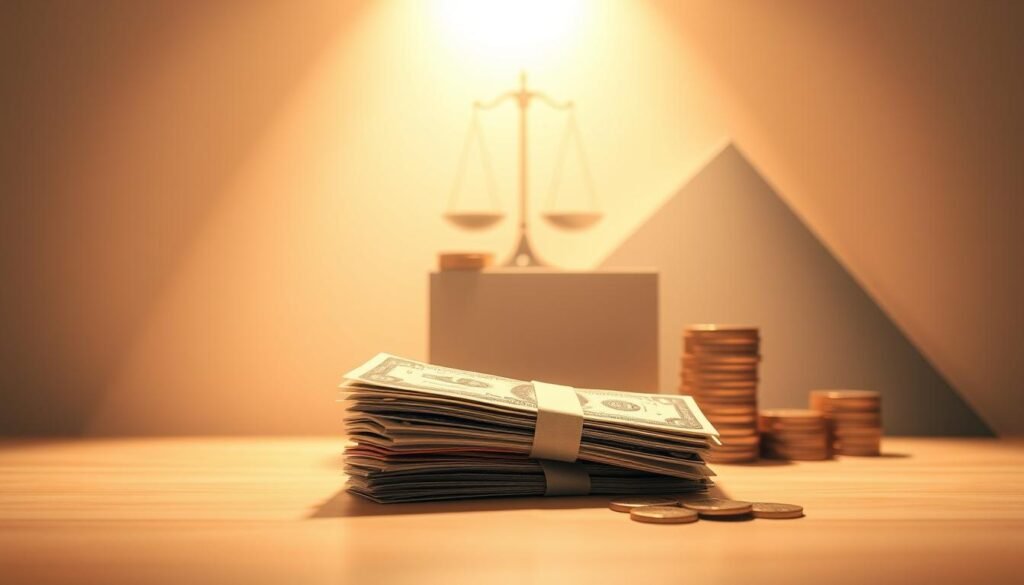 A well-lit, detailed illustration of discretionary income as an abstraction. In the foreground, a stack of dollar bills or coins representing disposable funds. In the middle ground, a visual metaphor for financial flexibility, such as a balance scale or a hand holding coins. The background should convey a sense of financial stability, perhaps with geometric shapes, patterns, or subtle gradients evoking a modern, minimalist aesthetic. Soft, diffused lighting casts a warm, inviting glow over the scene. The overall composition should feel balanced, clean, and visually captivating, capturing the essence of discretionary income as a concept.