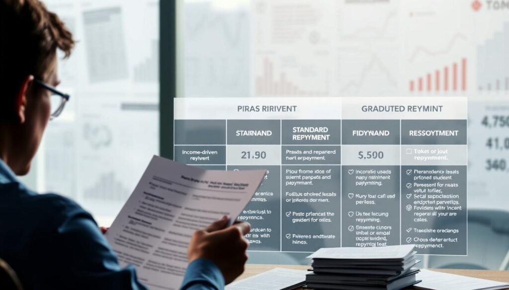 A well-lit, detailed illustration of various repayment options for federal student loans. In the foreground, a person reviewing documents and evaluating different payment plans, including income-driven repayment, standard repayment, and graduated repayment. In the middle ground, a visual breakdown of the pros and cons of each option, with clear infographic-style icons and annotations. In the background, a soft, blurred financial landscape with charts, graphs, and loan statements, conveying the complex financial considerations. The overall scene has a serious, informative tone, with a focus on helping the viewer understand the nuances of federal student loan repayment. A well-lit, detailed illustration of various repayment options for federal student loans. In the foreground, a person reviewing documents and evaluating different payment plans, including income-driven repayment, standard repayment, and graduated repayment. In the middle ground, a visual breakdown of the pros and cons of each option, with clear infographic-style icons and annotations. In the background, a soft, blurred financial landscape with charts, graphs, and loan statements, conveying the complex financial considerations. The overall scene has a serious, informative tone, with a focus on helping the viewer understand the nuances of federal student loan repayment.