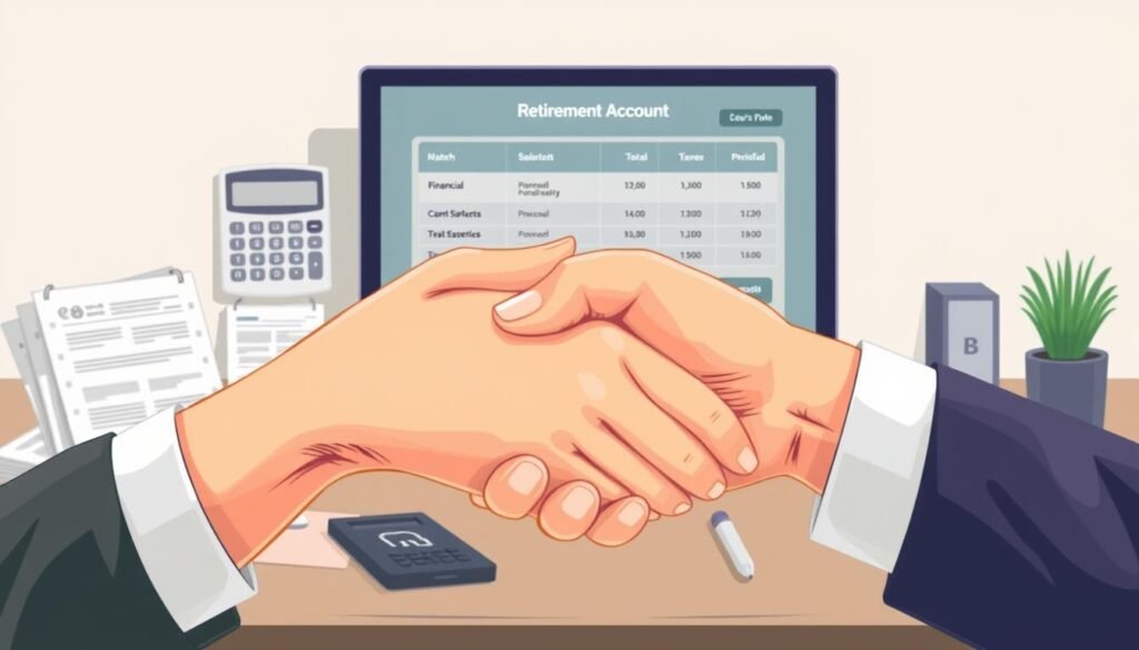 A well-lit, detailed illustration showcasing two hands shaking, signifying an agreement to match employer contributions for a retirement savings account. The foreground features the hands in a warm, handshake pose, with a soft focus on the point of contact. The middle ground depicts financial documents, a calculator, and a computer monitor displaying retirement account information. The background subtly suggests a professional office setting, with clean lines and a neutral color palette to maintain focus on the central visual metaphor. The overall mood is one of collaboration, financial security, and a well-planned path to a comfortable retirement.