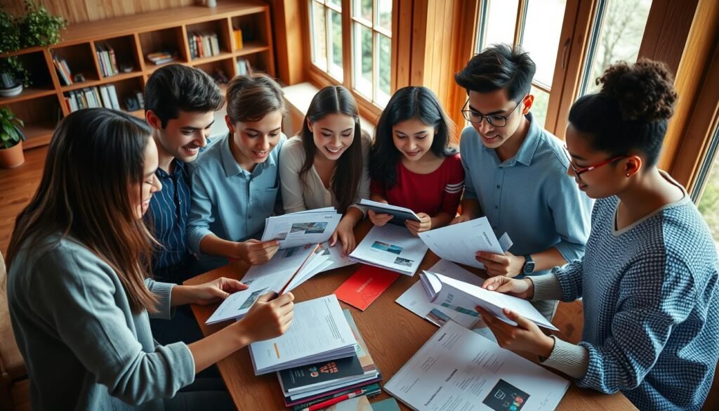 A well-lit, high-angle shot of a diverse group of college-aged students gathered around a table, reviewing various scholarship applications and brochures. The scene is set in a cozy, modern study space with warm wooden tones and plenty of natural light filtering in through large windows. The students' expressions convey a mix of focus, determination, and a sense of optimism as they explore the different scholarship opportunities available to them. The overall atmosphere is one of collaborative learning and a shared sense of purpose, reflecting the "Who qualifies and what types of scholarships you can target" section of the article.