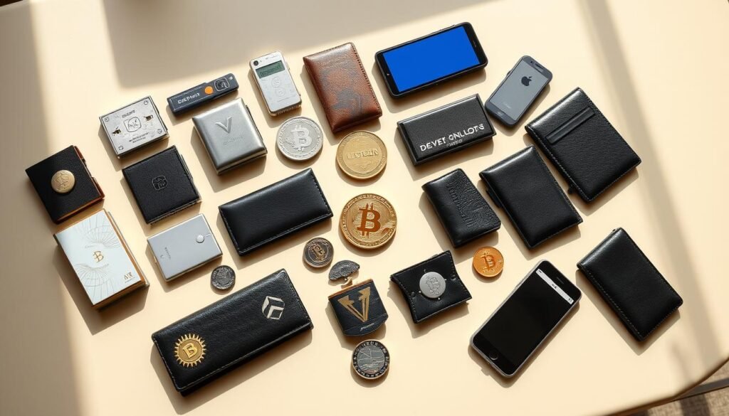 A well-lit, high-angle shot of a table showcasing a diverse array of cryptocurrency wallets, including hardware, software, and mobile options. The wallets are arranged in a visually appealing, symmetrical layout, with each type distinguished by its unique design and features. The lighting casts soft shadows, creating depth and emphasizing the tactile quality of the wallets. The background is a neutral, minimalist setting, allowing the wallets to take center stage and convey a sense of security, reliability, and user-friendliness for individuals seeking to secure their digital assets.
