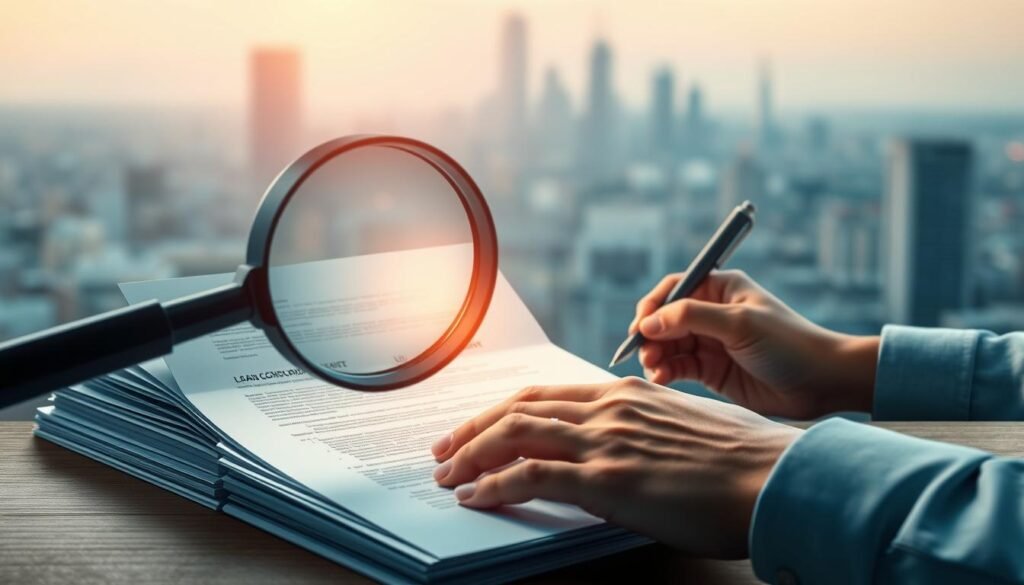 A well-lit, high-resolution digital illustration depicting the concept of loan consolidation refinancing. In the foreground, a magnifying glass hovers over a stack of documents, casting a focused beam of light that illuminates the fine print and financial details. In the middle ground, a hand holding a pen signs a contract, symbolizing the act of refinancing. The background features a blurred cityscape, hinting at the broader financial landscape and the impact of loan consolidation on a person's financial situation. The overall mood is one of clarity, organization, and a sense of empowerment in taking control of one's student loan obligations.