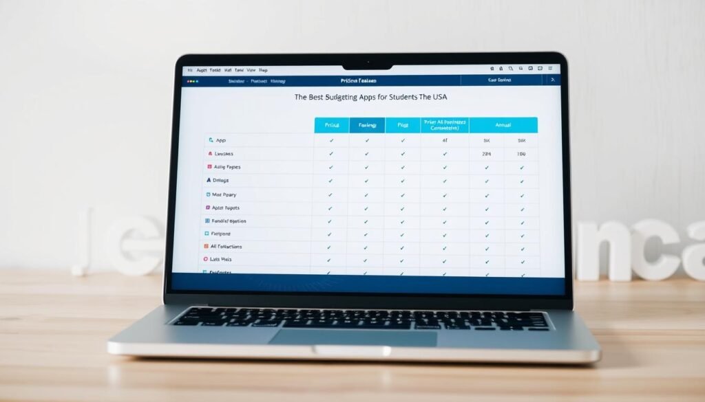 A well-lit, high-resolution image of a laptop screen displaying a detailed pricing and features table for the best budgeting apps for students in the USA. The table should be clean, organized, and easy to read, showcasing key information such as app names, monthly/annual pricing, and core functionalities. The laptop should be positioned at a slight angle, creating a sense of depth and perspective. The background should be minimalist, with subtle textures or gradients to complement the on-screen content and maintain the focus on the informative table. The overall scene should convey a professional, academic, and financially-minded atmosphere suitable for the given article section.