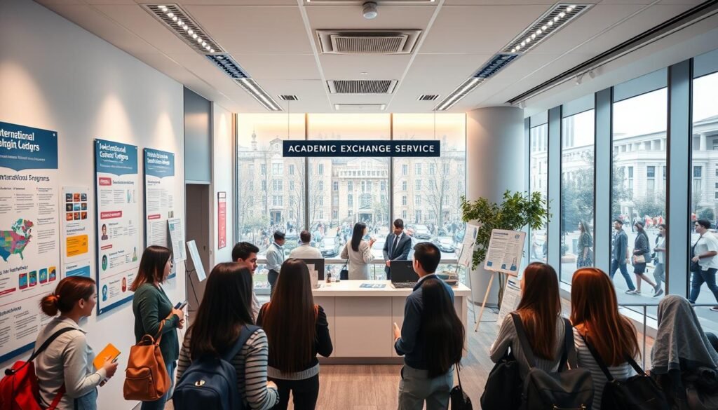 A well-lit, high-resolution image of an academic exchange service office, showcasing a modern and welcoming interior. The foreground depicts a group of students engaged in discussion, surrounded by informative posters and brochures detailing international scholarship programs. The middle ground features a receptionist's desk and staff members assisting visitors. The background reveals large windows overlooking a bustling university campus, conveying a sense of academic vibrancy and global connectivity. The overall atmosphere is professional, collaborative, and inspiring, encouraging prospective students to explore the vast opportunities offered by government and organization-funded international scholarship programs.