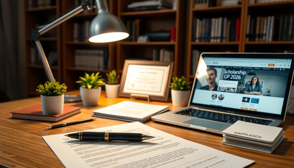 A well-lit, meticulously arranged desk scene depicting the application process for a merit-based undergraduate scholarship in the USA for 2026. In the foreground, a crisp application form sits atop a wooden surface, surrounded by thoughtfully placed stationery items such as a fountain pen, a stack of reference letters, and a laptop displaying a scholarship website. The middle ground features a modern desk lamp casting a warm glow, complemented by a strategically placed potted plant and a framed certificate symbolizing academic excellence. The background showcases a neatly organized bookshelf, hinting at the applicant's diligence and intellectual pursuits. The overall atmosphere conveys a sense of focus, professionalism, and the gravity of the scholarship application process.