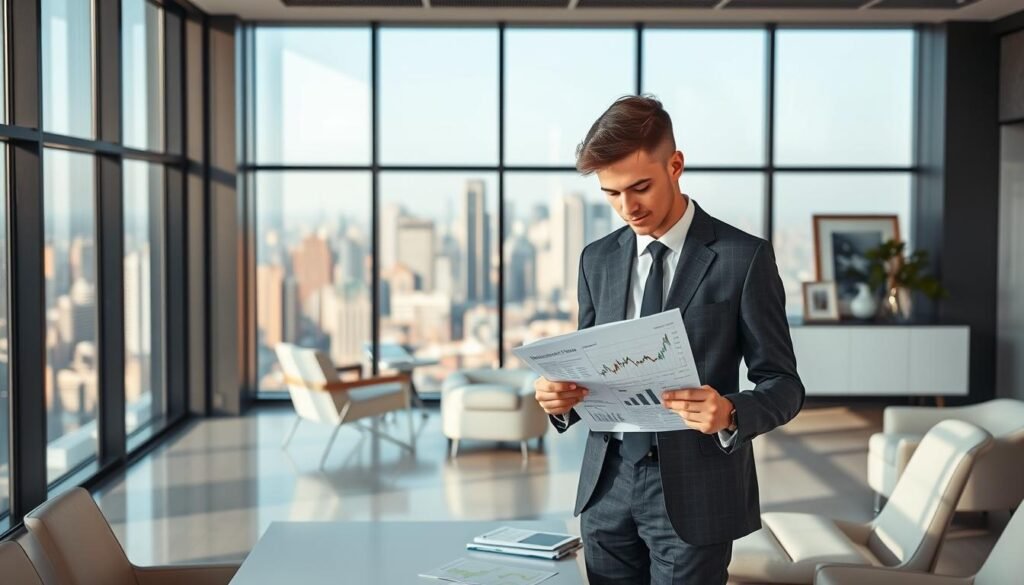 A well-lit, modern office interior with sleek furniture and minimalist decor. In the foreground, a young professional in a suit stands at a desk, studying finance-related documents and graphs displayed on a laptop screen. Behind them, a large window offers a panoramic view of a bustling city skyline. Subtle hints of finance-themed artwork or accents, such as a stylized calculator or a framed stock chart, can be seen in the background. The overall atmosphere conveys a sense of focused, analytical work in the field of finance.