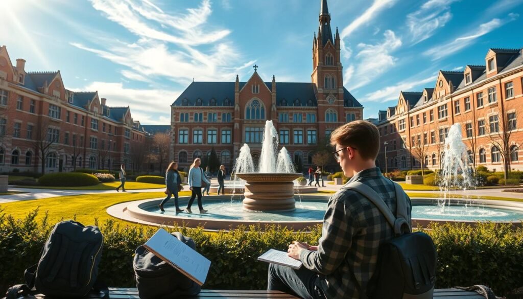 A well-lit, modern university campus with a central fountain and manicured gardens. In the foreground, a student sits on a bench, intently studying scholarship application materials. A backpack and laptop rest beside them. The middle ground features students walking purposefully between stately collegiate buildings, their faces determined. In the background, a towering, neo-gothic administration building casts a dignified shadow over the scene. Warm afternoon sunlight filters through wispy clouds, creating a sense of optimism and academic ambition.