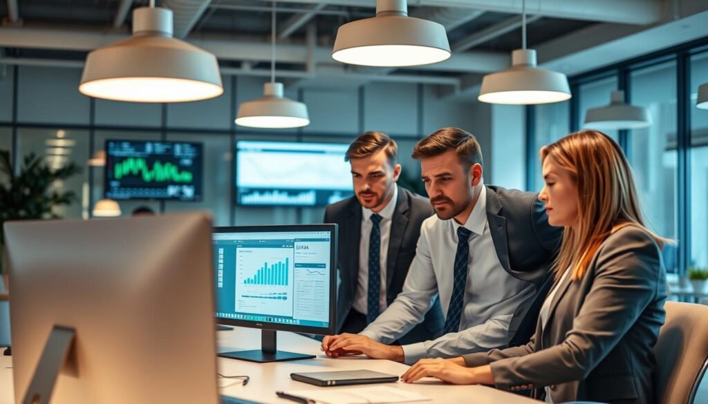 A well-lit, professional office space with a team of business consultants reviewing financial data on multiple computer screens. The consultants, dressed in formal attire, are intently focused on the data, their expressions conveying a sense of deep analysis and problem-solving. The background features modern office furniture, clean lines, and neutral tones, creating a calm and productive atmosphere. Soft lighting from overhead fixtures casts a warm glow, highlighting the concentration and collaboration of the team. The scene conveys the expertise and diligence required for successful finance-focused consulting work. A well-lit, professional office space with a team of business consultants reviewing financial data on multiple computer screens. The consultants, dressed in formal attire, are intently focused on the data, their expressions conveying a sense of deep analysis and problem-solving. The background features modern office furniture, clean lines, and neutral tones, creating a calm and productive atmosphere. Soft lighting from overhead fixtures casts a warm glow, highlighting the concentration and collaboration of the team. The scene conveys the expertise and diligence required for successful finance-focused consulting work.