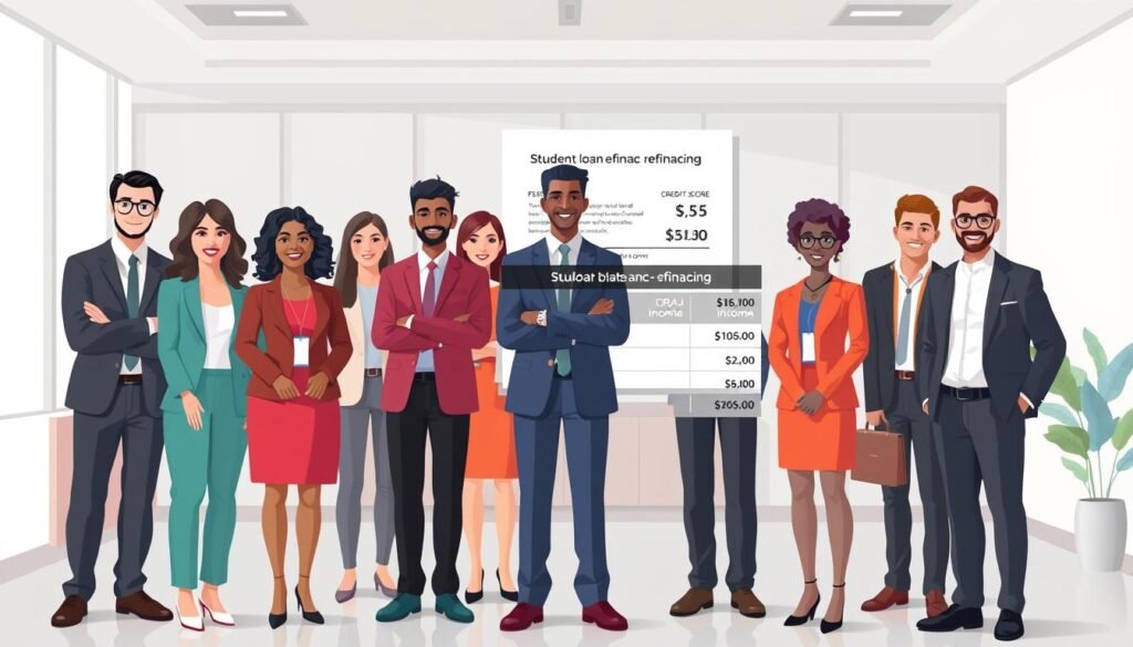 A well-lit, realistic digital illustration depicting who qualifies for student loan refinancing. In the foreground, a group of diverse individuals in professional attire, representing different ages, ethnicities, and financial backgrounds. They stand confidently, conveying a sense of empowerment and financial stability. In the middle ground, a financial document or computer screen displays the key criteria for student loan refinancing, such as credit score, income, and debt-to-income ratio. The background features a modern, minimalist office setting with clean lines and neutral tones, emphasizing the professional and financial nature of the scene. The overall mood is one of optimism, success, and financial responsibility.