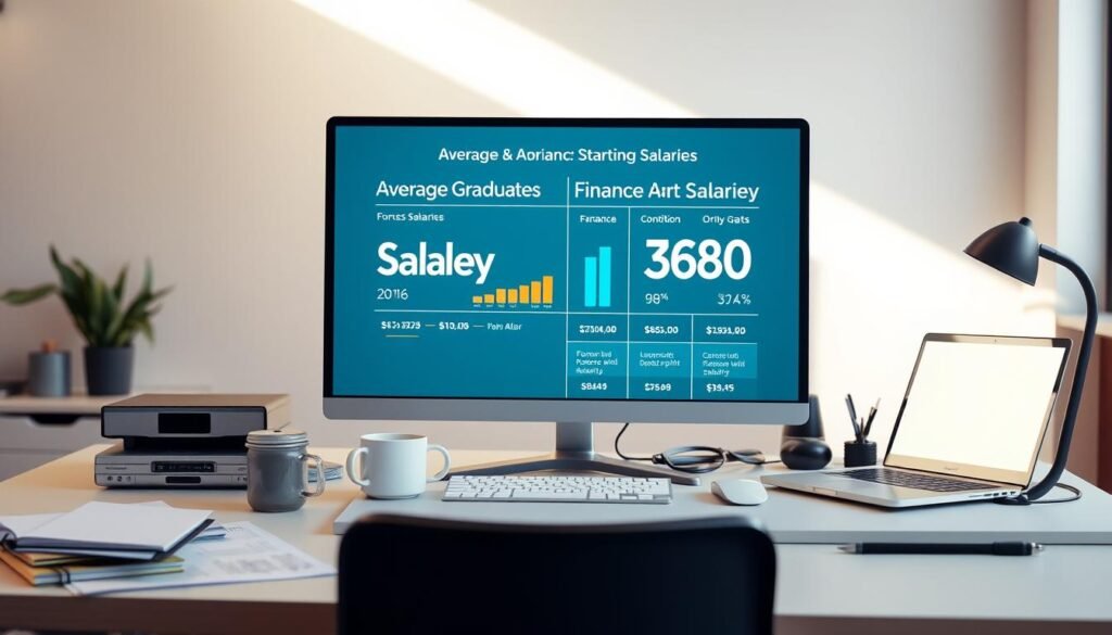 A well-lit, realistic image of a modern office desk displaying a digital display or infographic showcasing average graduate and finance starting salaries in the UK. The desk should be organized with minimal clutter, with a laptop, coffee mug, and a few other work-related items visible. The background should be a clean, professional office setting with neutral tones and soft, directional lighting from a window or overhead source, creating a warm, inviting atmosphere. The infographic or data visualization should be clear, visually appealing, and present the relevant salary information in an easy-to-understand format.