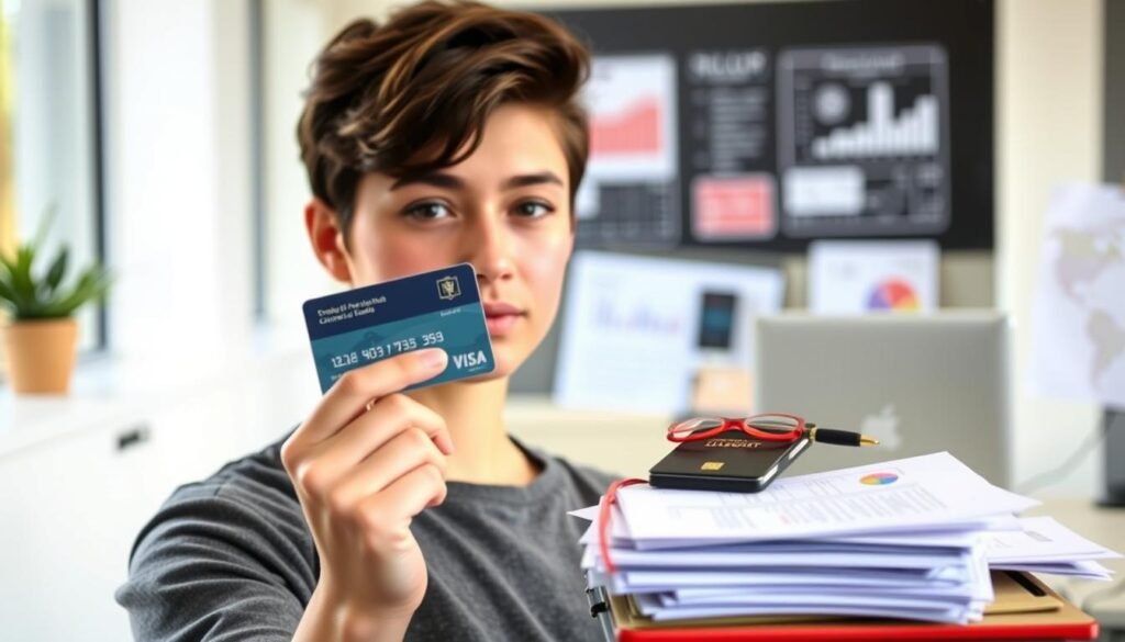 A well-lit, realistic scene showcasing the eligibility criteria for a student credit card in the UK. In the foreground, a young adult student holding a credit card, with a thoughtful expression. In the middle ground, a stack of documents including a passport, student ID, and financial statements. In the background, a clean, modern office setting with a desktop computer and relevant financial charts or infographics. The scene conveys a sense of financial responsibility and empowerment, with a focus on the key eligibility factors of age, residency, income, and student status.