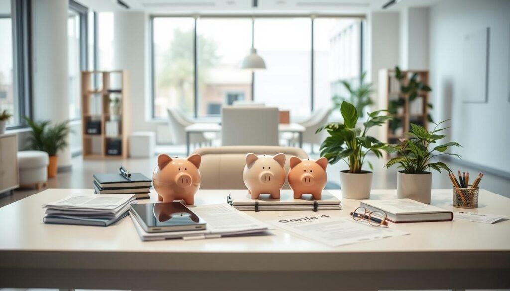 A well-lit scene of student bank accounts with various financial documents, piggy banks, and digital devices arranged on a clean, minimalist desk. The background features a modern, airy office space with large windows and neutral-colored furniture. The overall atmosphere conveys a sense of organization, focus, and financial responsibility. The image should emphasize the importance of researching and choosing the right student bank account to meet one's financial needs and goals.