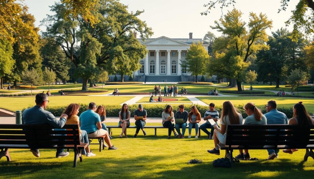 A well-lit, wide-angle view of a college campus with a grand central building in the background, surrounded by lush green trees and manicured lawns. In the foreground, a diverse group of students sitting on park benches, engaged in discussions, with laptops and books open in front of them. The lighting is warm and inviting, reflecting the atmosphere of academic pursuit and the promise of educational opportunities. The scene conveys a sense of possibilities, with the scholarships prominently featured as the key to unlocking these opportunities for the students.