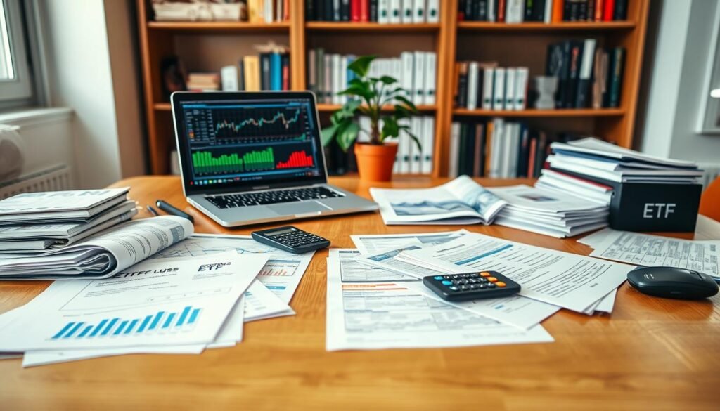 A well-lit, wide-angle view of a wooden desk showcasing a selection of diverse exchange-traded funds (ETFs). In the foreground, an array of ETF prospectuses, investment reports, and calculators, neatly arranged to convey a sense of thoughtful research and analysis. The middle ground features a laptop displaying stock charts and performance metrics, hinting at the process of evaluating and selecting the most promising ETFs. In the background, a bookshelf filled with finance-related volumes and a potted plant, suggesting a professional, yet inviting workspace conducive to long-term wealth growth. The overall mood is one of careful consideration, diligence, and a focus on building a balanced, diversified investment portfolio.
