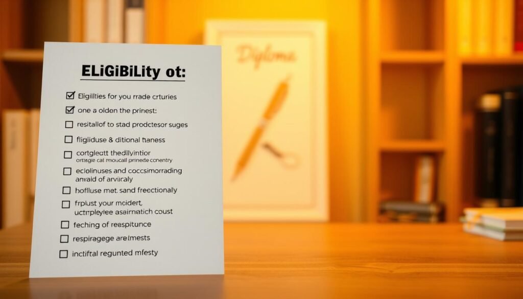 A well-organized and visually striking eligibility checklist against a backdrop of warm, soft lighting. The checklist is displayed prominently in the foreground, with each criterion neatly typed and arranged in a clean, minimal layout. The middle ground features a subtle, blurred illustration of a diploma or certificate, hinting at the academic focus of the subject matter. In the background, a softly-lit bookshelf or study desk sets a scholarly, contemplative tone. The overall composition conveys a sense of professionalism, attention to detail, and a focus on the essential information needed to understand the eligibility requirements.