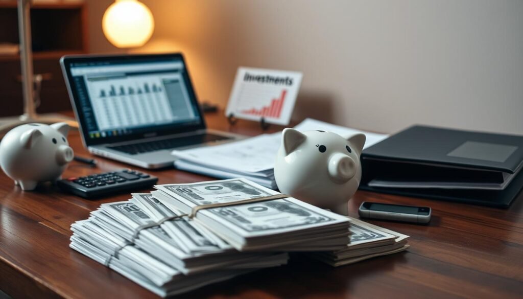 A well-organized emergency fund, symbolizing financial preparedness, sits on a sturdy wooden desk. The foreground features stacks of crisp banknotes, a piggy bank, and a calculator, conveying a sense of order and control. In the middle ground, a laptop displays a spreadsheet with income and expense figures, while a folder labeled "Investments" rests nearby, hinting at future financial goals. The background is softly illuminated, creating a warm, reassuring atmosphere that invites the viewer to consider their own financial readiness before embarking on an investment journey.